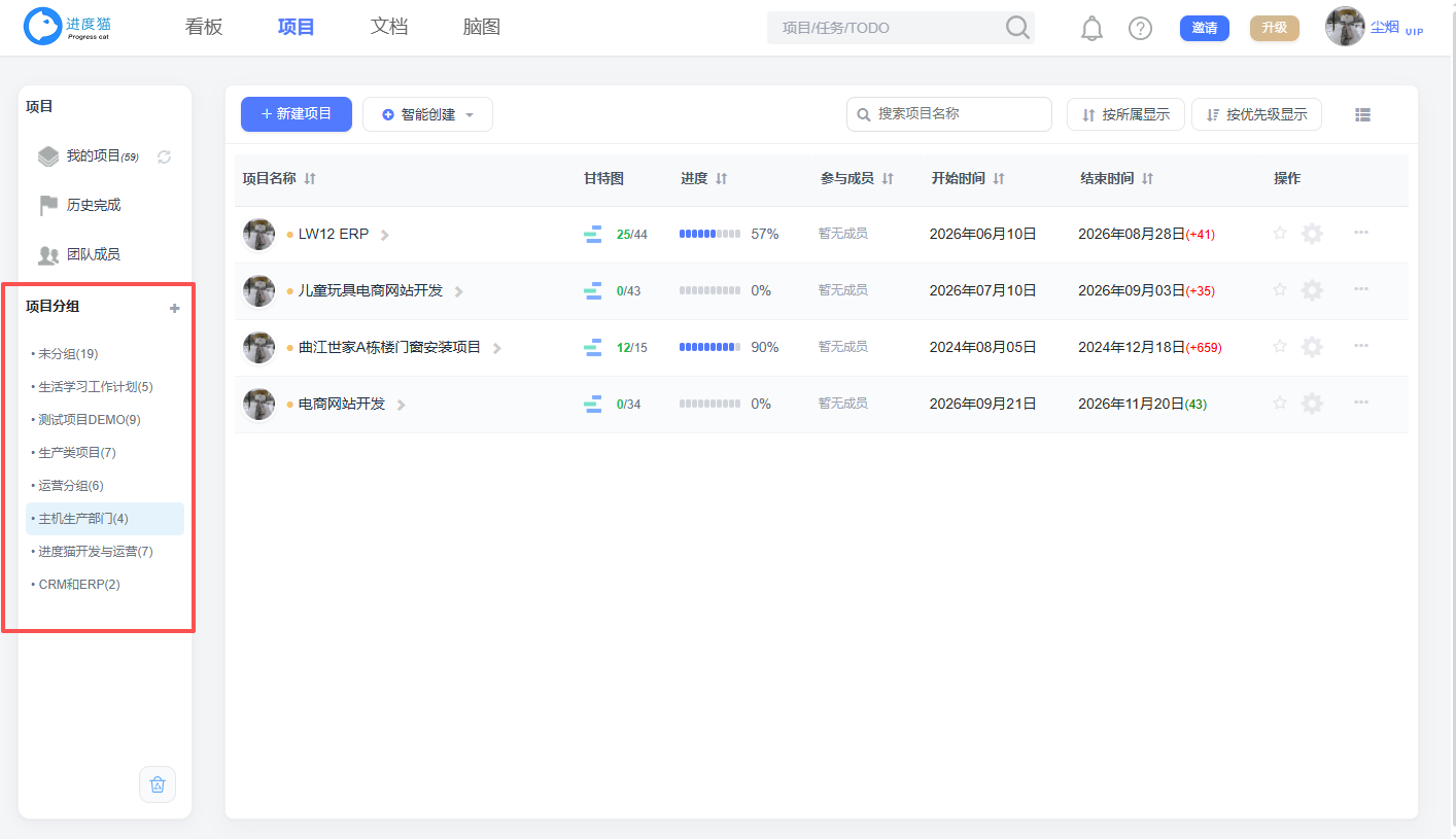项目分组：左侧分组导航与过滤效果